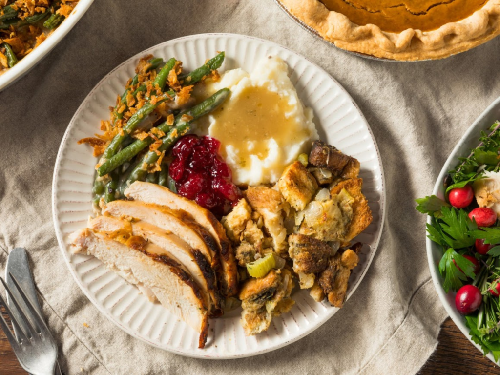 Holiday dinner plate with turkey, mashed potatoes and gravy, stuffing, green beans and cranberry sauce