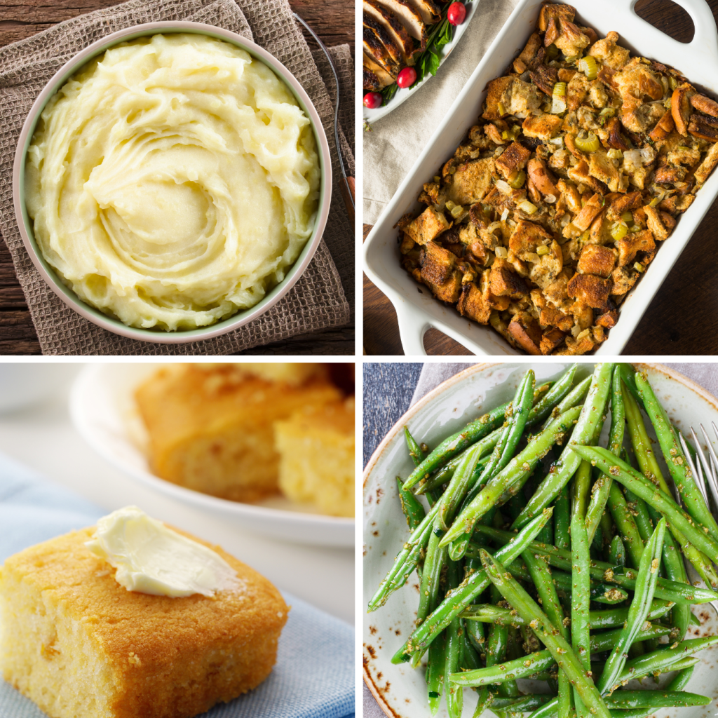 Mashed potatoes, stuffing, Green beans and cornbread side dishes for holiday dinners